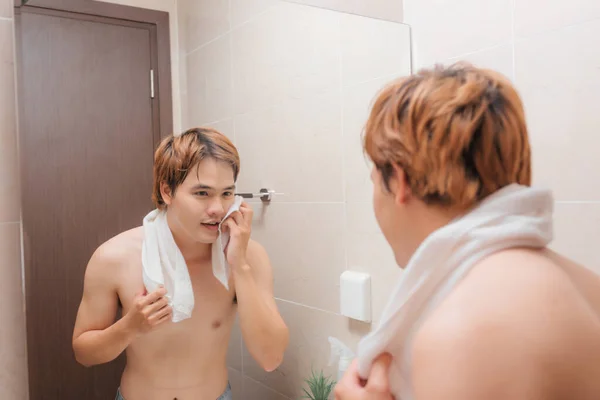 Young Man Drying Face Towel Part Daily Hygiene Routine — Stock Photo, Image