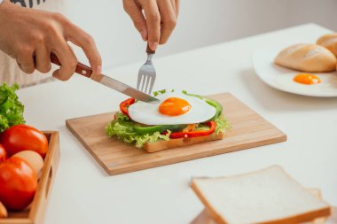 Genç adam bir sandviç evde hazırlamak elinde closeup