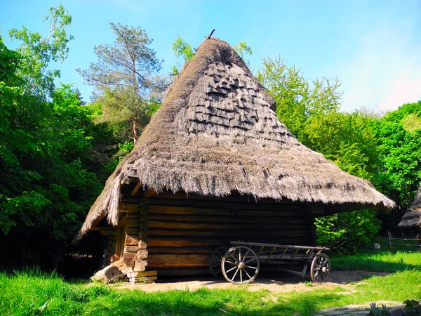 Wooden hut with thatched roof in Pirogovo museum. — Stock Photo, Image