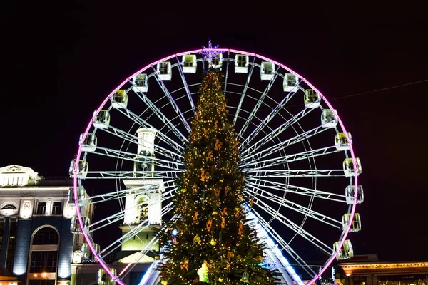 Christmas City Tree Background Illuminated Ferris Wheel Bell Tower Cathedral — Stock Photo, Image