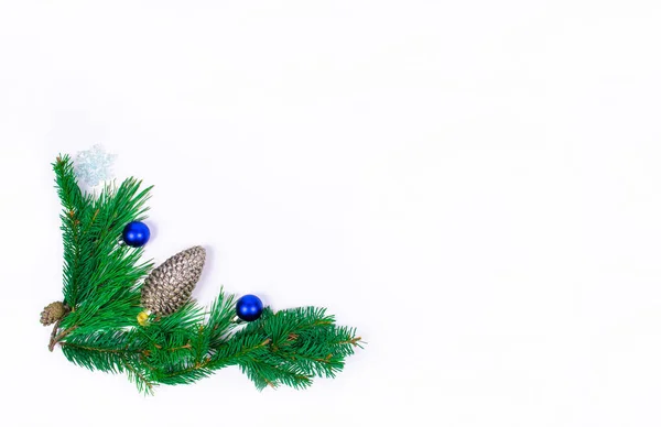 Julram Furu Grenar Dekorerade Med Leksaker Vit Bakgrund Jul Eller — Stockfoto