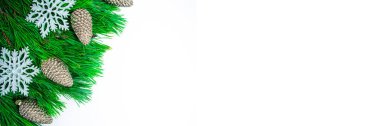 Çam dalları, altın renkli dekoratif koniler ve beyaz arka planda kar taneleri. Noel ya da yeni yıl tebrik kartı. Boşluğu kopyala, harf ya da metin şablonu. Seçici odaklanma. Düz yatıyordu