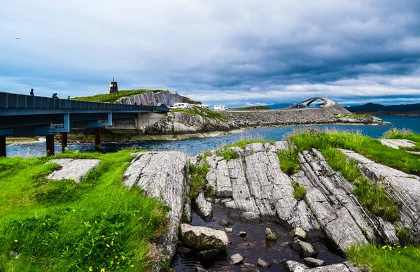 View Small Rocky Island Storseisundet Bridge Background Storseisundbrua Most Famous Stock Picture