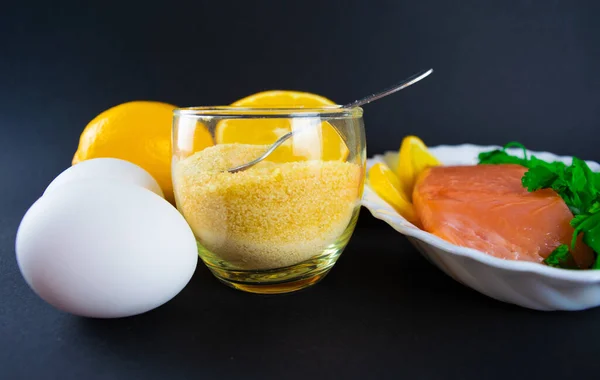 Kollagént Tartalmazó Élelmiszerek Zselatin Tojás Hal Zöldség Citrusfélék Amelyek Kollagént — Stock Fotó