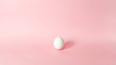 One white chicken egg isolated on light pink pastel background. Happy Easter Day. Greeting card. Copy space. Template for design and text.