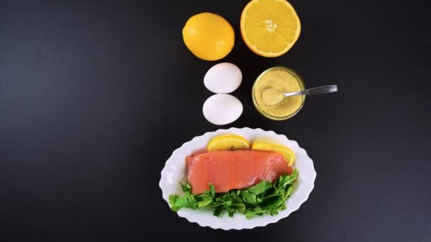 Alimentos Que Contenham Colagénio Gelatina Ovos Peixe Verdes Frutas Cítricas — Vídeo de Stock