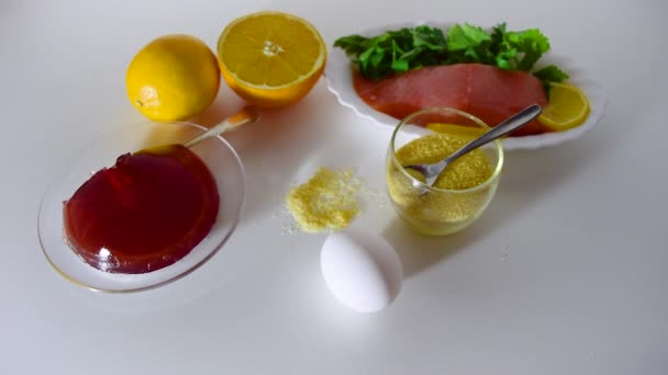Alimentos Que Contenham Colagénio Gelatina Ovos Peixe Verdes Frutas Cítricas — Vídeo de Stock