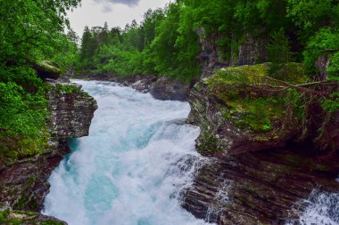 Slettafossen şelalesinin fırtınalı suları kayalarda bir kanal açmıştı. Yeşil ormanın Rocky yaz manzarası. Norveç.