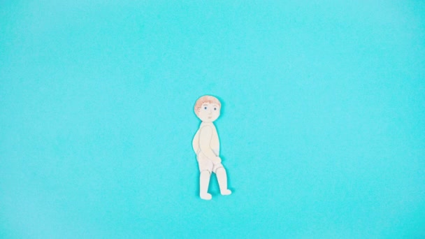 Small Drawn Human Child Walks Runs Quickly Isolated Light Blue — Stock Video