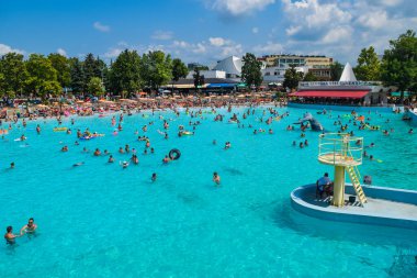 Hungary, Hajduszoboszlo - August 1, 2019: Vacationers in the entertainment pool of the thermal spa resort complex Hajduszoboszlo.