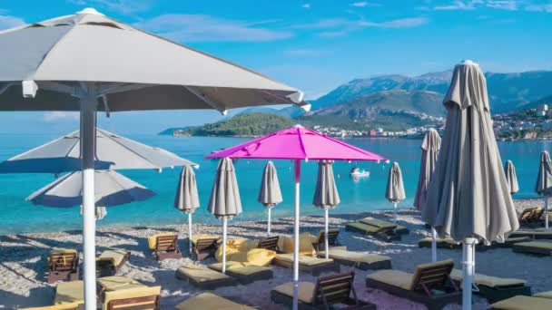 4K残りの灰色の間で1つのピンクのビーチの傘 ビーチでは大きなビーチ傘が開き サンラウンジャーの上に閉じます 青い空穏やかな海 晴れた夏の朝 アルバニアのヒマーレ ストップモーションアニメーション — ストック動画
