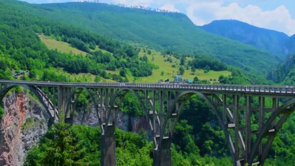 デュルデヴィツァ タラ橋 Durdevica Tara Bridge モンテネグロ北部のタラ キャニオン川に架かるコンクリート製のアーチ橋である — ストック動画
