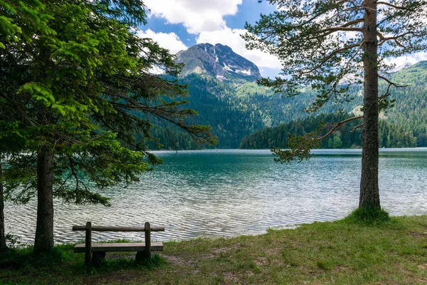 Drewniana Ławka Pobliżu Czarnego Jeziora Lodowego Doskonała Atrakcja Turystyczna Durmitor — Zdjęcie stockowe