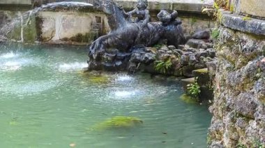 Bayreuth, Almanya - 4 Eylül 2025: Hermitage Çeşmeleri (Eremitage) tarihi park. Mavi bulutlu gökyüzü ile yeşil manzara.