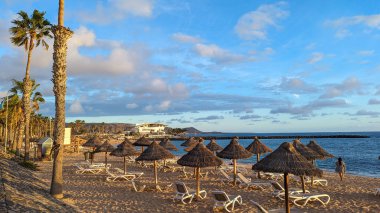 Playa de las Americas, Tenerife, İspanya - 7 Ocak 2025: Güneşin batışında palmiye ağaçları, güneş panjurları ve şemsiyeli güzel geniş kumlu plaj. Atlantik Okyanusu.
