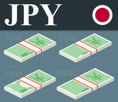 Yen banknotlar. İzometrik tasarlamak vektör.