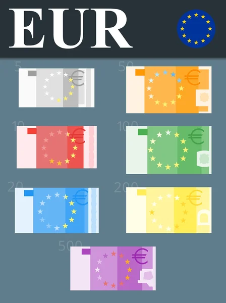 Πολύχρωμο τραπεζογραμματίων ευρώ. Επίπεδη σχεδίαση διανυσματικά εικονογράφηση. — Διανυσματικό Αρχείο