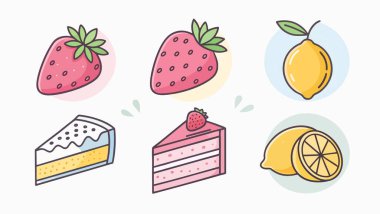 Beyaz arkaplanda Renkli Pastel Gıda Simgeleri kümesi