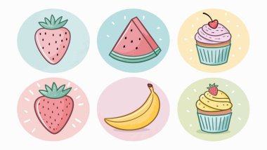 Beyaz arkaplanda Renkli Meyveler ve Tatlı Tabaklar Simgesi