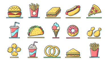 Fast food ikonlarına bakan renkli 3D set - fast food ikonları