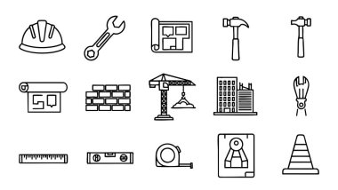 Beyaz arkaplanda inşaat endüstrisi simgeleri kümesi