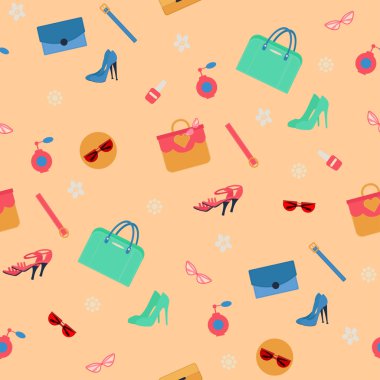 Bayan moda aksesuarları, giyim ve kozmetik ile Seamless Modeli