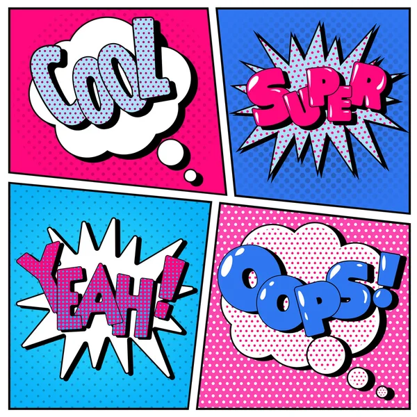 Set of Comic Bubbles in Pop Art Style. Expressions Cool, Super, Yeah, Oops — Stock Vector