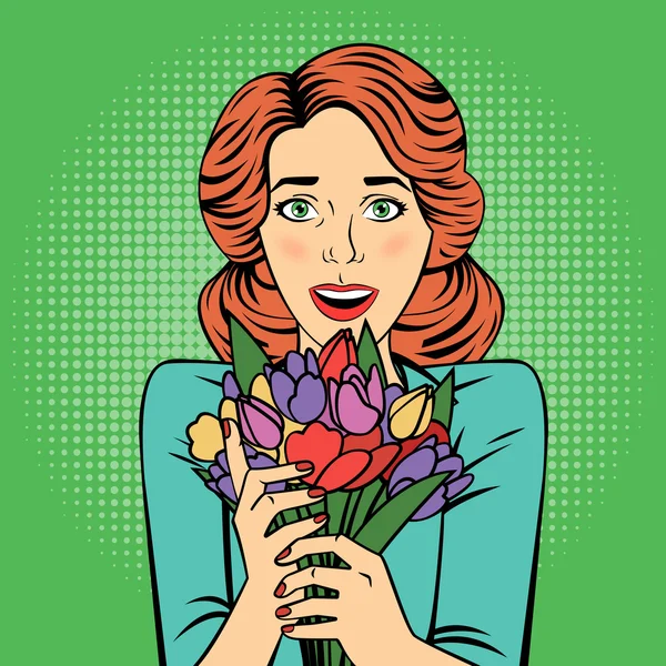 Pop Art schöne Frau mit Blumenstrauß — Stockvektor