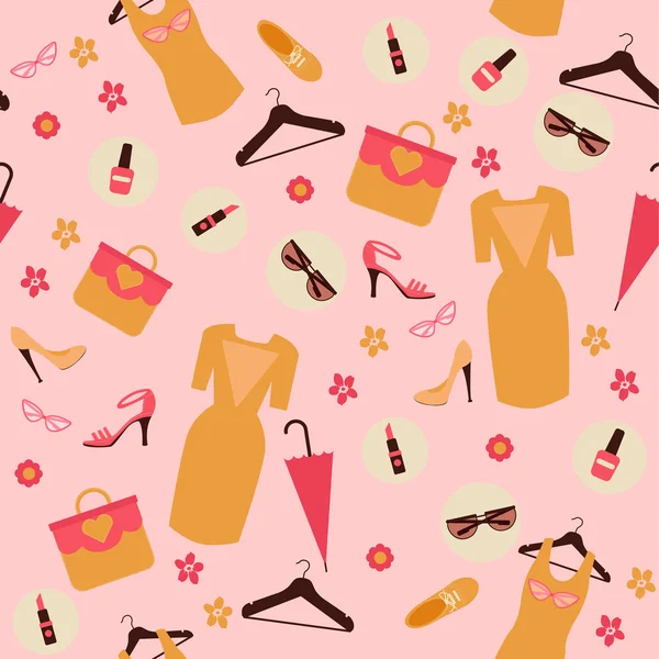 Spring Shopping Seamless Pattern. Aksesoris, Pakaian dan Elemen Mode - Stok Vektor