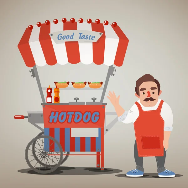 Utcai élelmiszer koncepció és Hot Dog kocsi eladó — Stock Vector