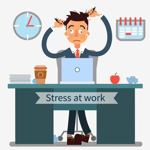 Man van de stress op het werk trekt zijn haar met een Laptop en een bos van papierdocumenten — Stockvector