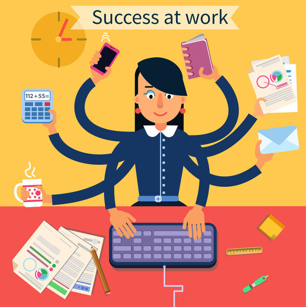 Business Superwoman Banner. Woman with Many Hands Doing a Lot of Things