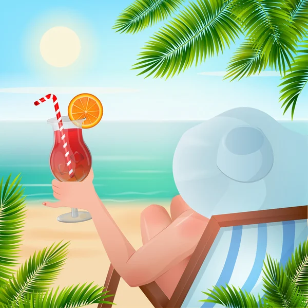 Vacances tropicales d'été. Femme avec un cocktail sur la plage sous les palmiers — Image vectorielle