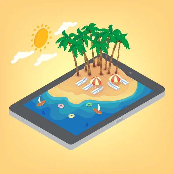 Concepto isométrico de vacaciones tropicales de verano. Isla exótica con palmeras — Vector de stock