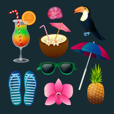 Tropikal öğeleri kümesi: Kokteyller, çiçek, güneş gözlüğü, kuş, ananas