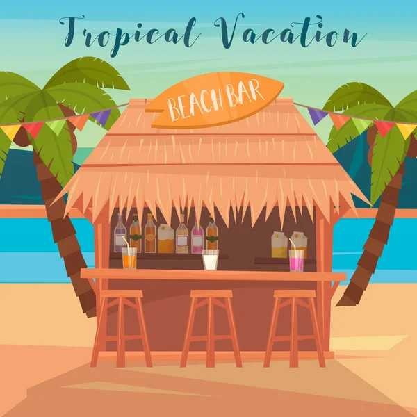 Banner de vacaciones tropicales con bar de playa y palmeras — Vector de stock
