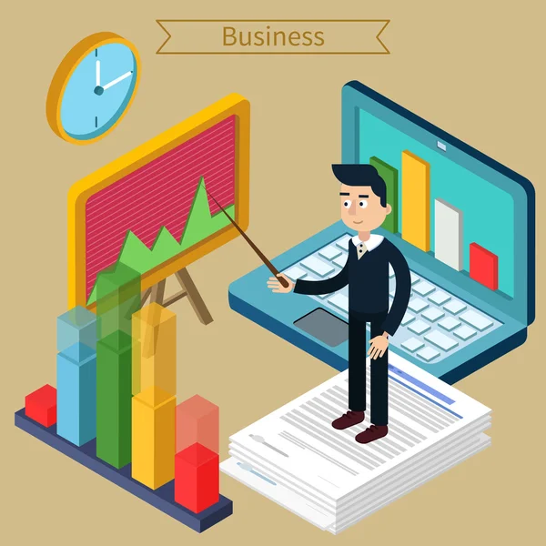 Επιχειρηματική παρουσίαση ισομετρική ιδέα με επιχειρηματία, Laptop — Διανυσματικό Αρχείο