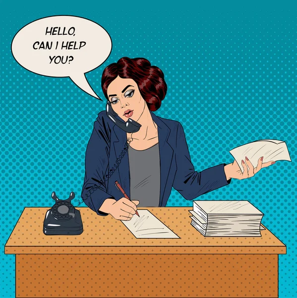 Bannière Pop Art pour femme d'affaires. Femme au travail parlant au téléphone au bureau — Image vectorielle