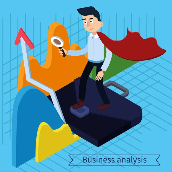 Business Analysis Concetto isometrico con Super Businessman e grafici — Vettoriale Stock
