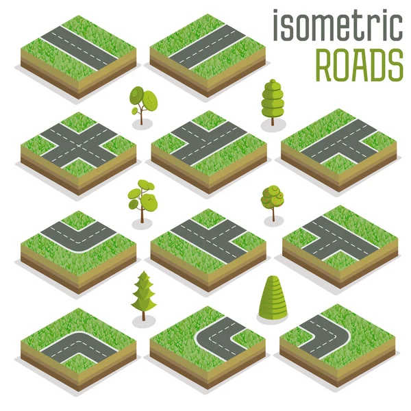 Isomric City Road Elements Set con alberi — Vettoriale Stock