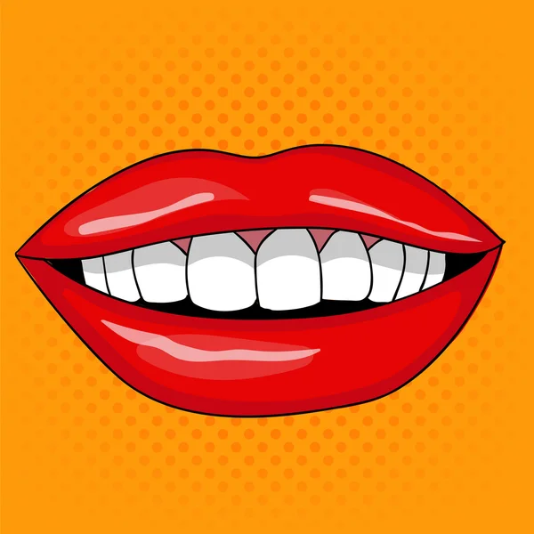 Labios sonrientes bastante femeninos en estilo retro pop art — Vector de stock