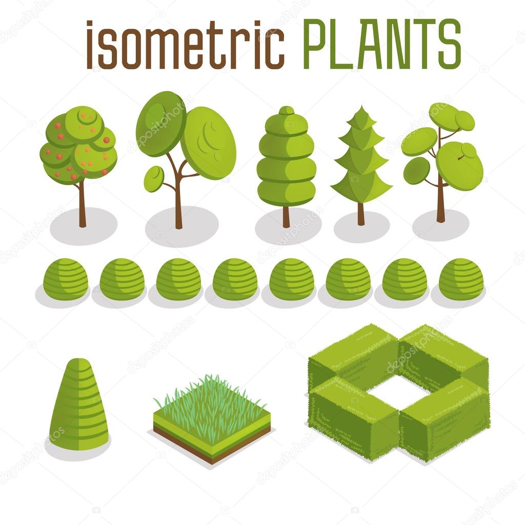 Isometric Trees, Grass and City Plants Set