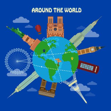 Traveling Around the World Banner with Famous Architectural Buildings on the Globe