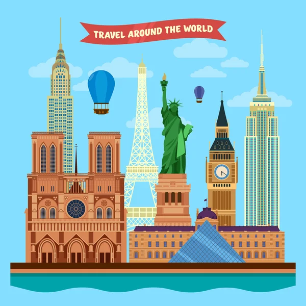 Traveling Around the World Banner with Famous Architectural Buildings — 스톡 벡터