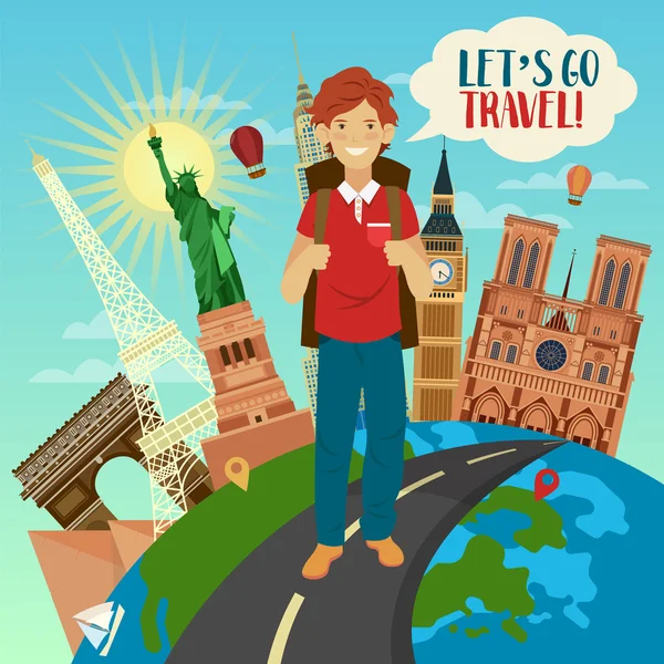 Let's Go Travel Banner with Famous World Buildings on the Globe and Tourist — Stock Vector