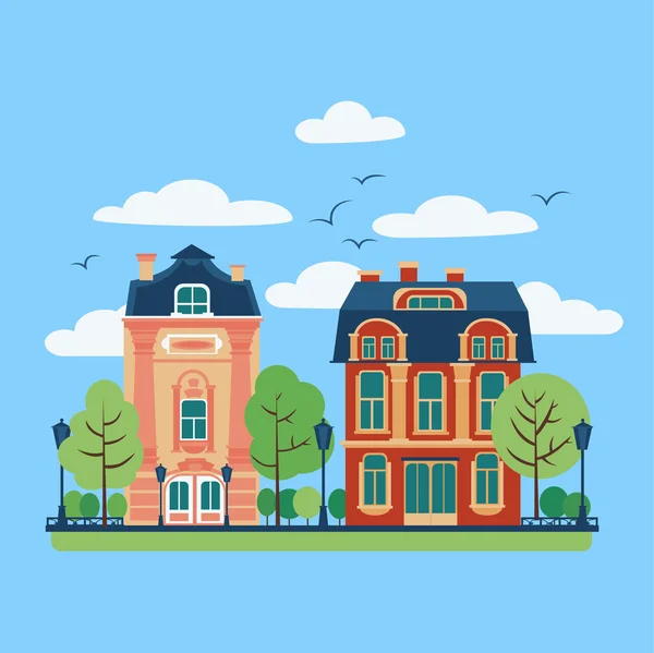 European City Urban Landscape with Vintage Houses and Trees — 스톡 벡터