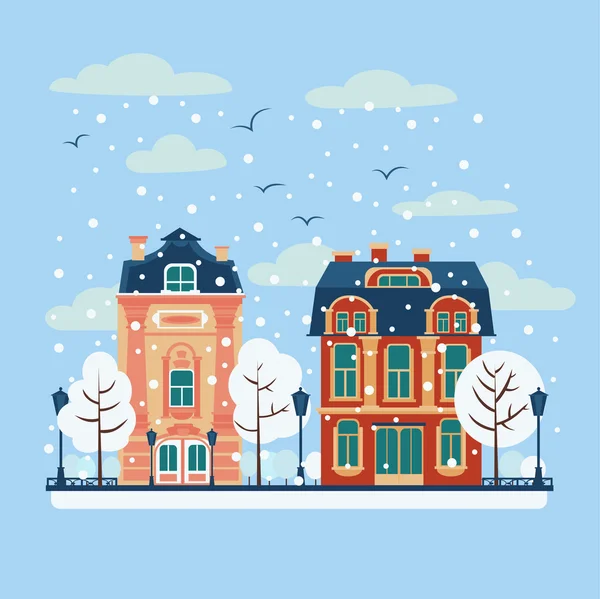 European City Urban Landscape with Vintage Houses and Trees in Winter — 스톡 벡터