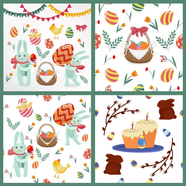 快乐复活节背景和元素集 - 兔子，鸡蛋，小鸡和鲜花 — 图库矢量图片