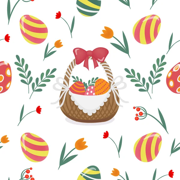 Joyeux motif sans couture de Pâques avec oeufs et fleurs de Pâques — Image vectorielle