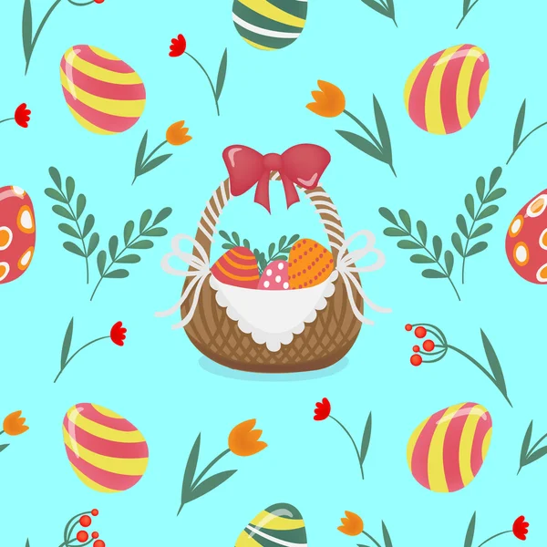 复活节快乐无缝图案与复活节彩蛋和鲜花 — 图库矢量图片
